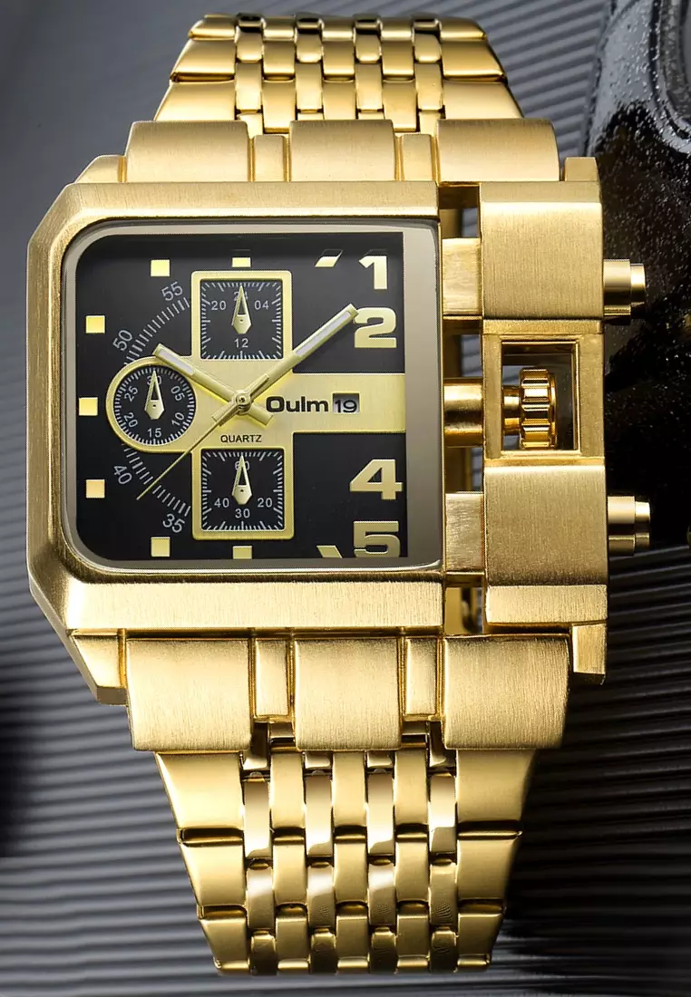 Very Large Men's Quartz Watch - 51x60mm - IP Gold Steel case, Black Dial, IP Gold Bracelet