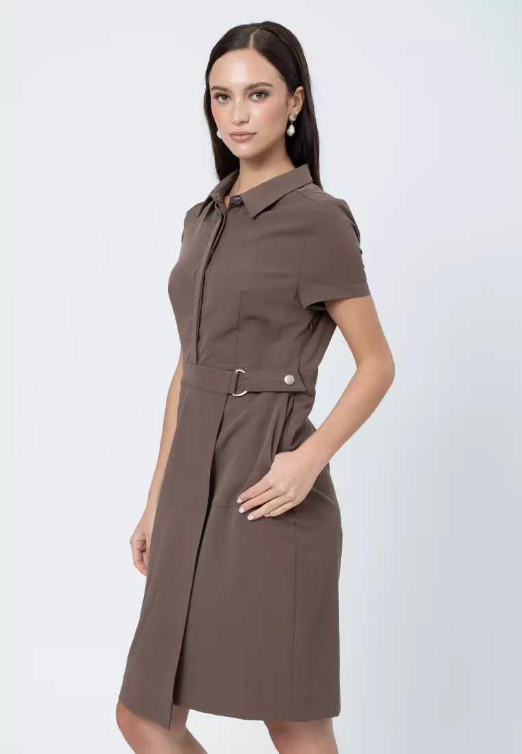 Maire Shift Dress with Structured Wrap Skirt Detail and D-Ring Accent