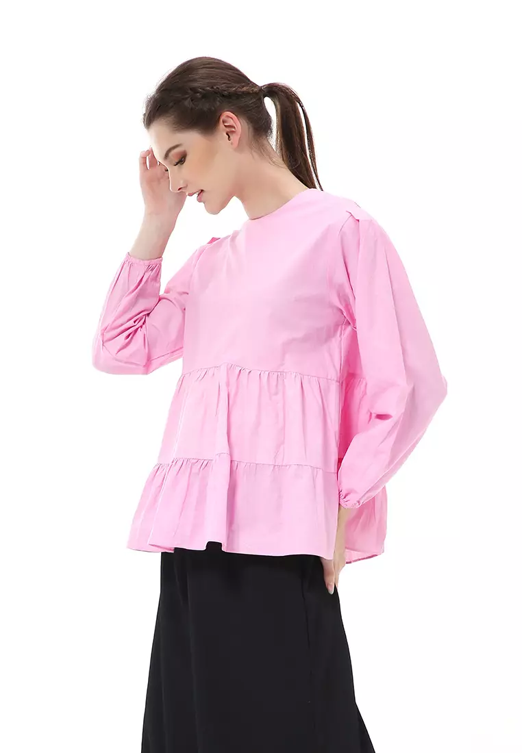 Albertine Blouse Balon Atasan Wanita Lengan Panjang Simple Design Material Katun Poplin ORIGINAL - Pink