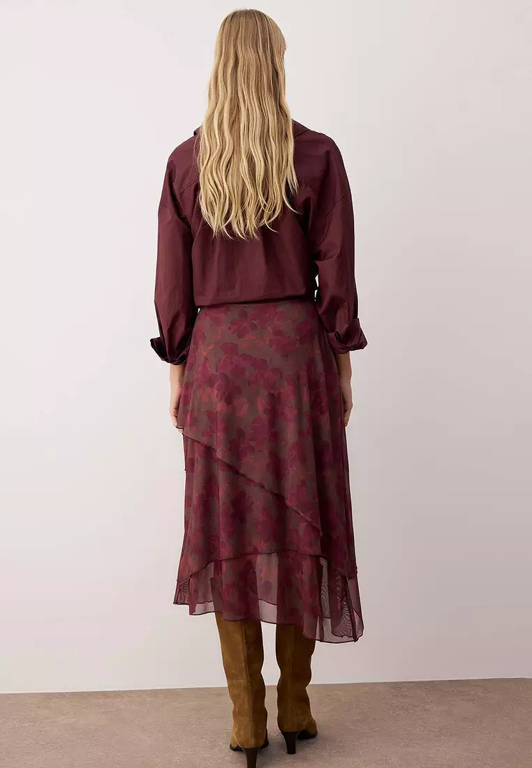 Burgundy Ruffled Abstract Patterned Knitted Skirt