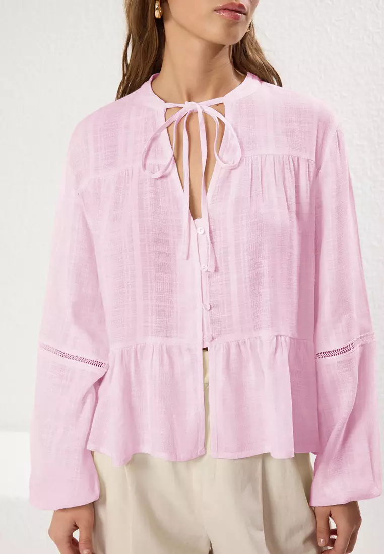 Light Pink Cotton Textured Lacy On The Sleeve Regular Normal Fit Shirt