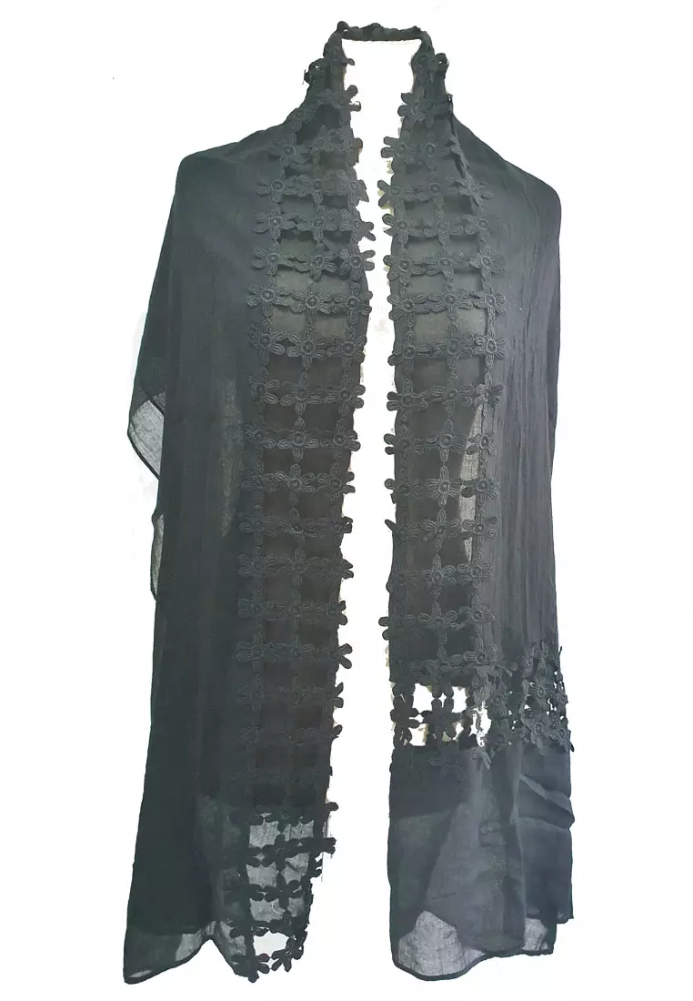 Flora Embro Cotton Scarf Black
