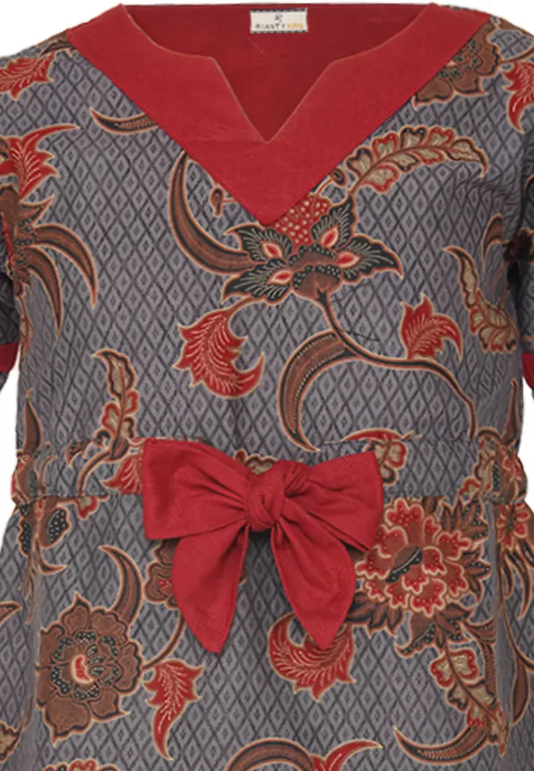 Dress Anak Perempuan Batik Wedha Pita Lengan Pendek Grey