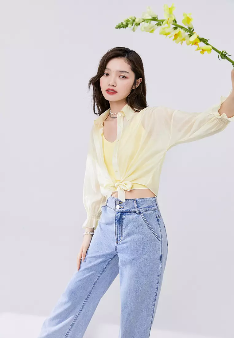 Semi Sheer Cropped Blouse With Waist Tie