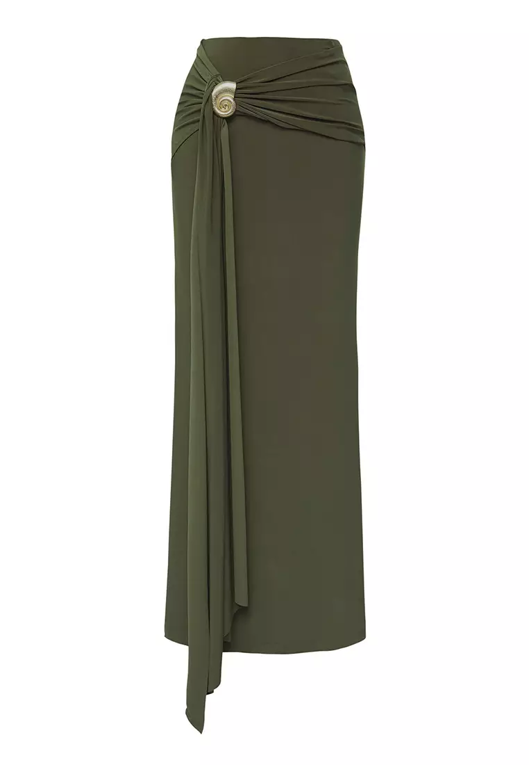Limited Edition Khaki Fitted Accessory Detailed Knitted Long Skirt  TPRSS25ET00004
