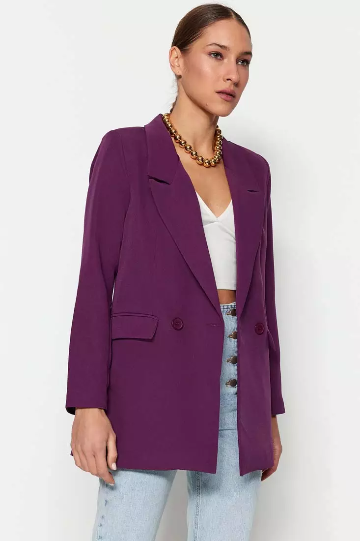 Purple Woven Lined Double Breasted Blazer with Closure