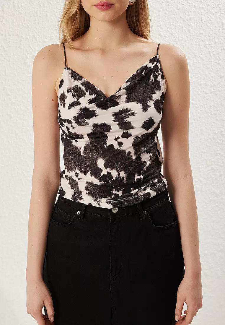 Brown Animal Printed Fitted Cowl Neck Flexible Knitted Blouse