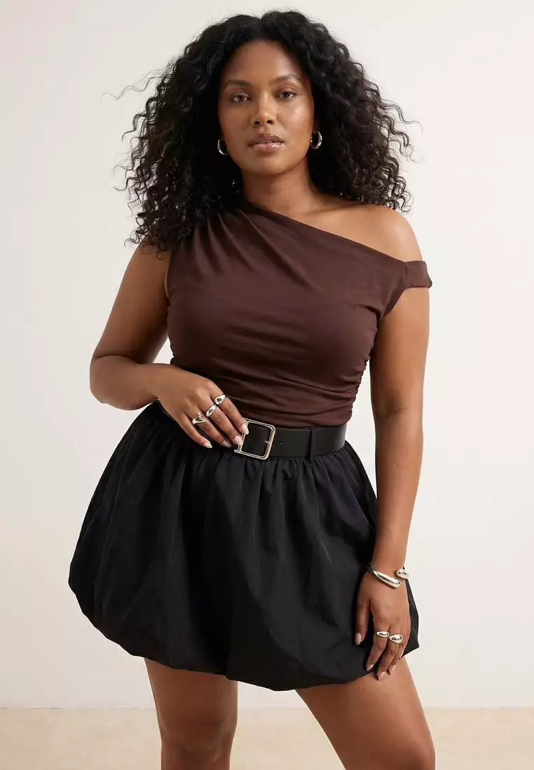 Brown Asymmetric Collar Sandy Knitted Plus Size Blouse Tbbss26Af00094