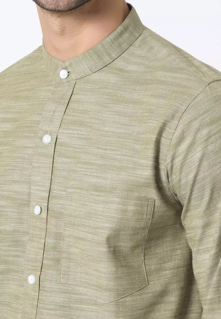 Cotton Well Moeen Shirt Sage Green | Kemeja Koko Oxford Slub Lengan Panjang Olive