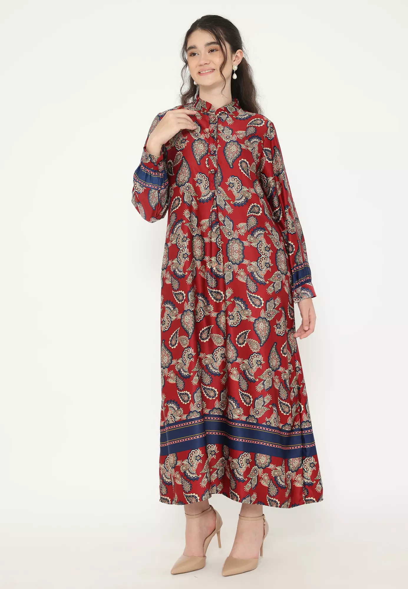 Gamis Long Dress Red Paisley Armany Silk Arlette By Brilliant Girl Warna Merah