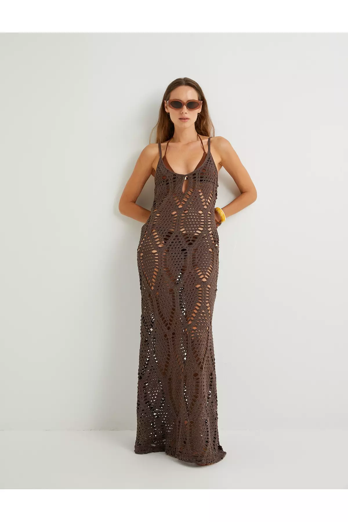 X Şahika Ercümen - Long Crochet Dress With Straps And Slit Detail And Openwork