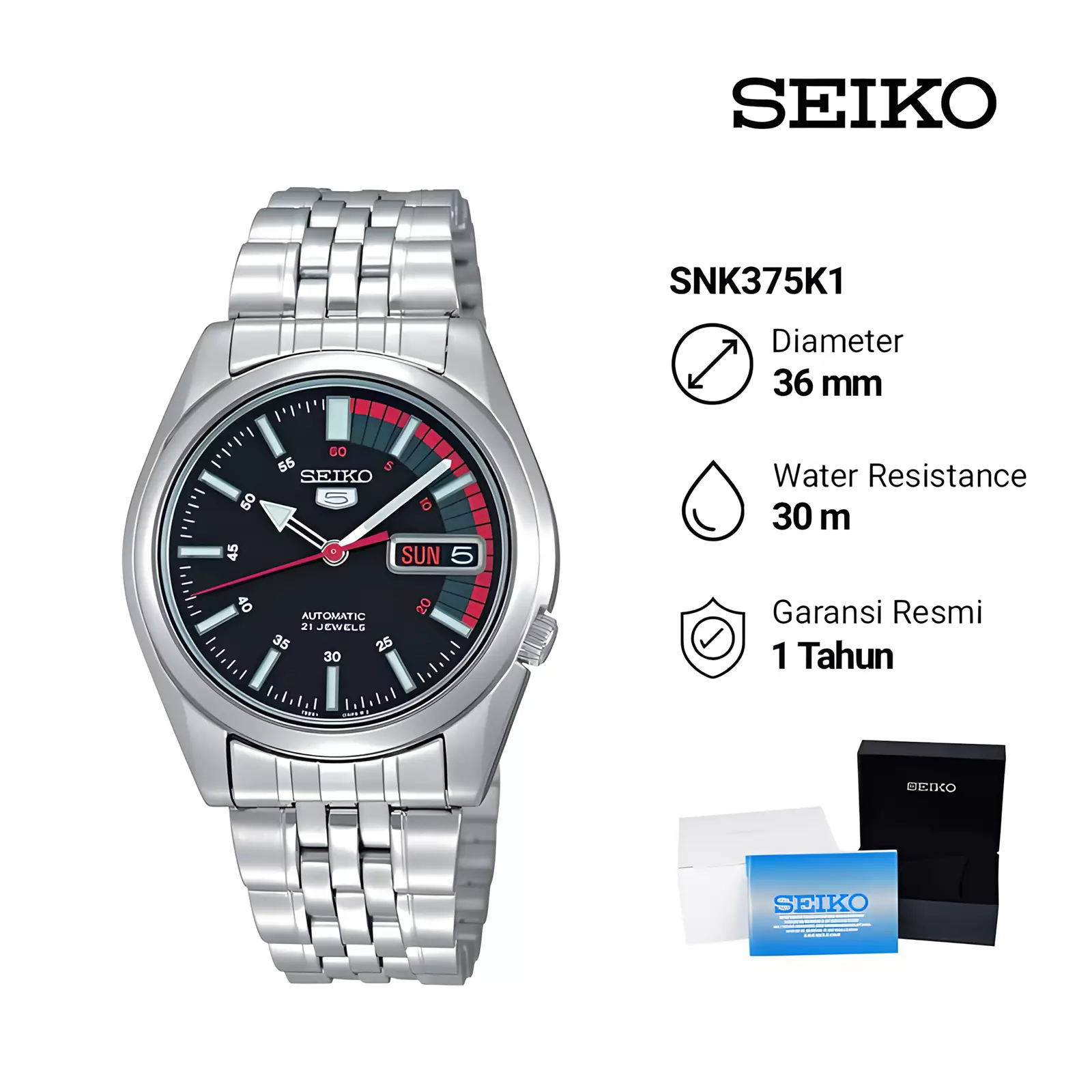 Seiko 5 - Jam Tangan Automatic Pria - Black Dial - All Silver Stainless Steel - SNK375K1