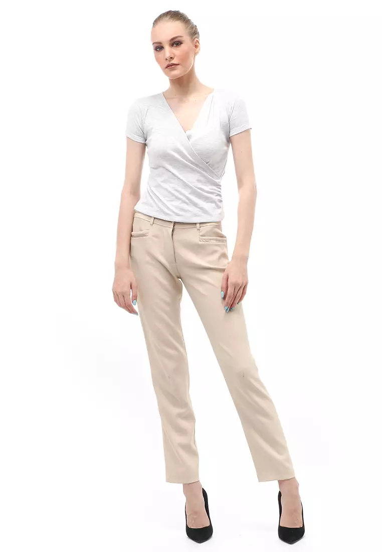 Blouse Atasan Wanita Short Sleeves Kerah V-neck Design Simple Elegant - Light Grey