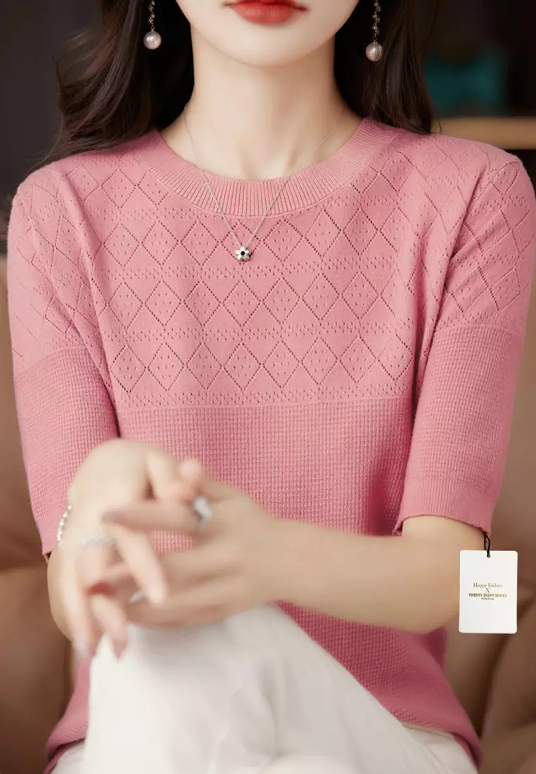 Rhombus Hollow Out Pattern Short Sleeve Knit Top JW QT-291