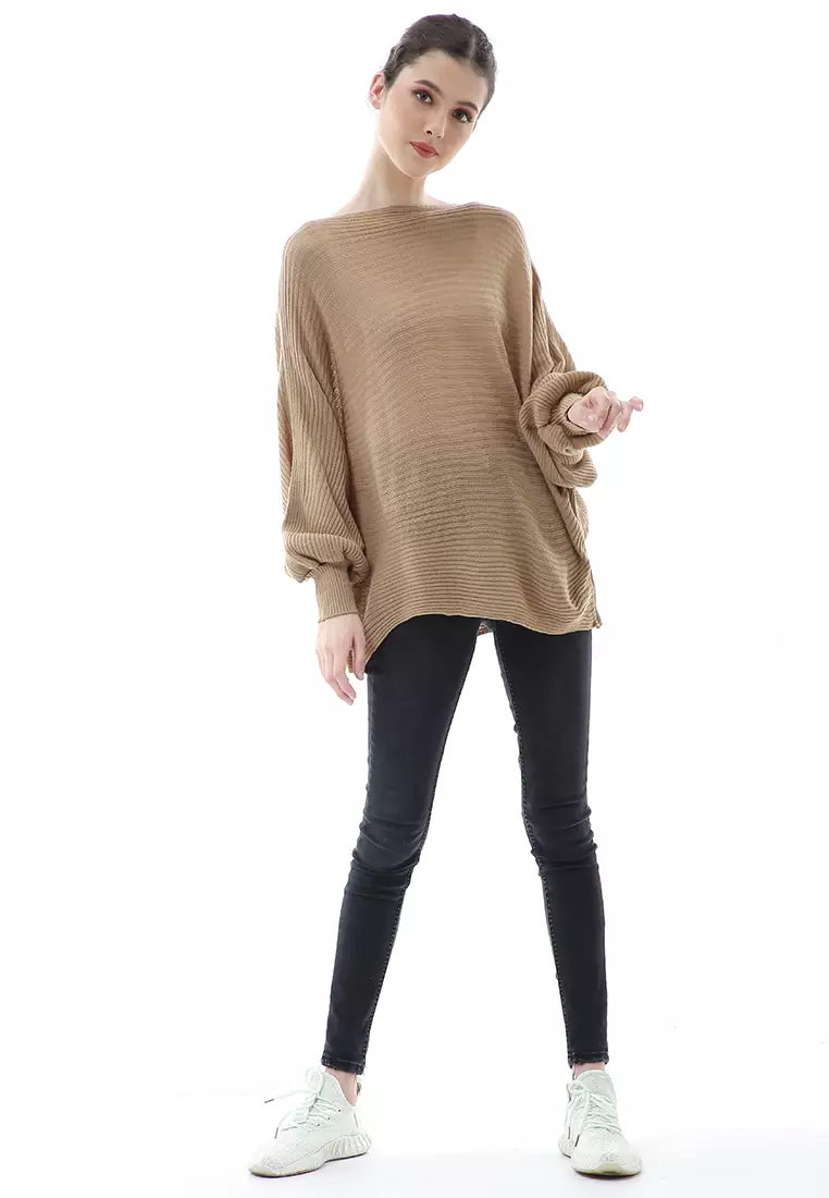 Eveline Sweater Rajut Batwing Atasan Wanita Motif Polos High Quality - Cream