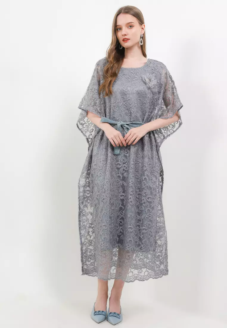 Belted Emb Tulle Batwing Kaftan W/ Corsage