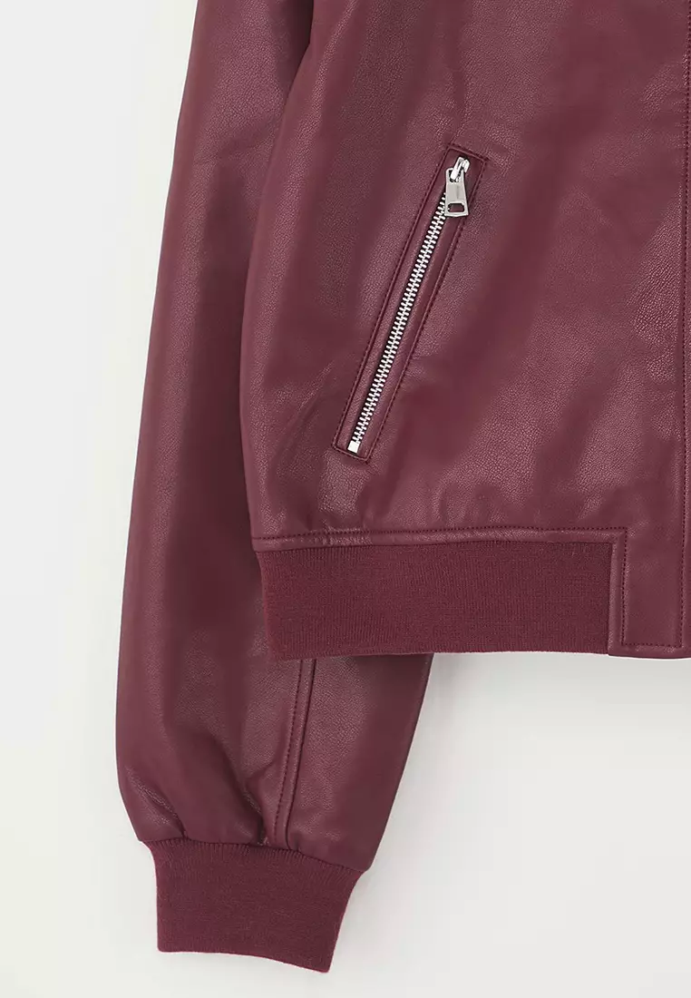 Burgundy Regular Fit Faux Leather Bomber Slim Jacket Coats