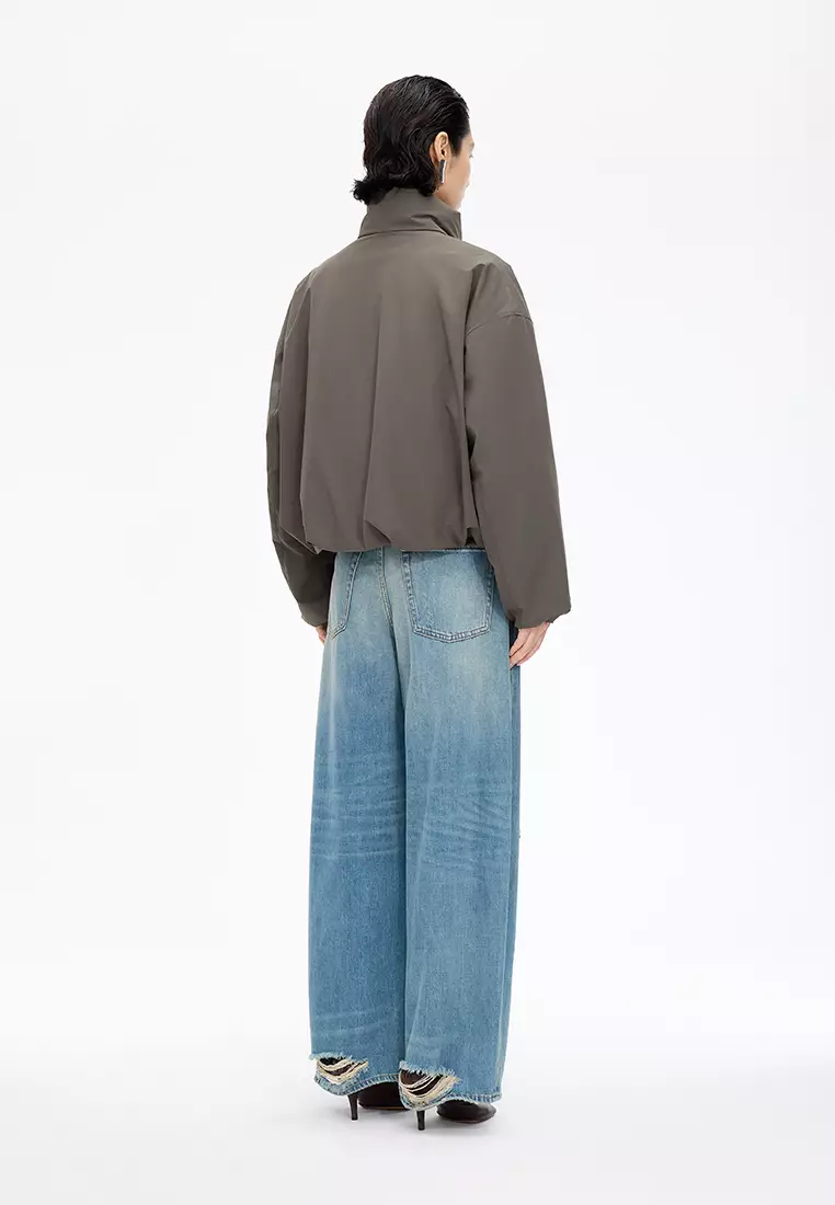 混紡90白鴨絨波浪形切線抽繩O型寬鬆短款羽絨服