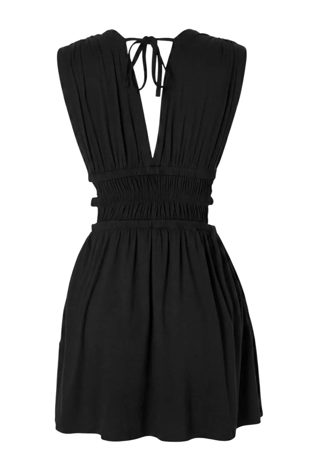 Black Knitted Mini Length V-Neck Beach Dress Tbess26El69