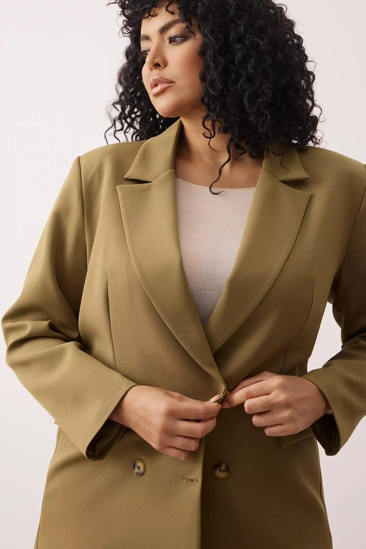 Khaki Oversize Lined Button Woven Plus Size Blazer Jacket Tbbaw26Ag00006