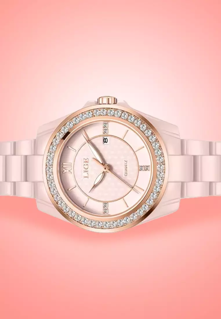 Ladies Alloy Quartz Watch, 32mm , Paved with Crystals, Ceramic Bracelet