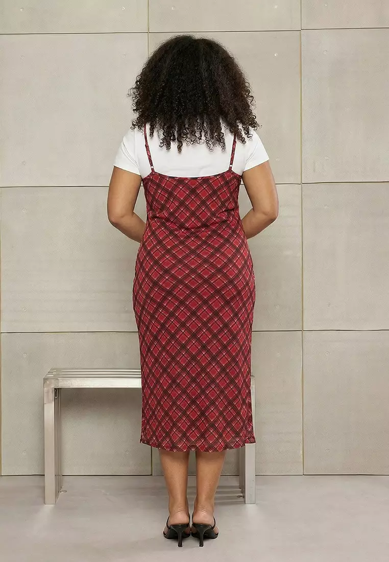 Teen Red Lacing Detailed Plaid Tulle Maxi Stretchy Knitted Plus Size Dress Tbbss26Ah00130