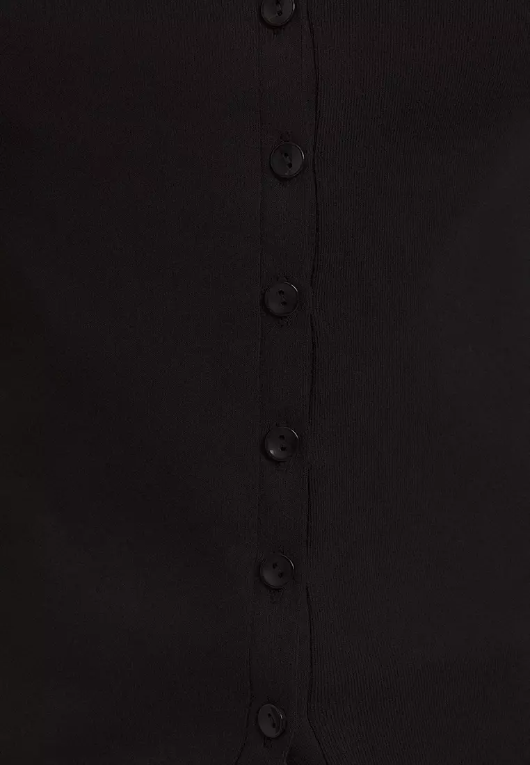 Black Buttoned Fitted/Body-Smoothing Knitted Blouse Twoss25Bz00281