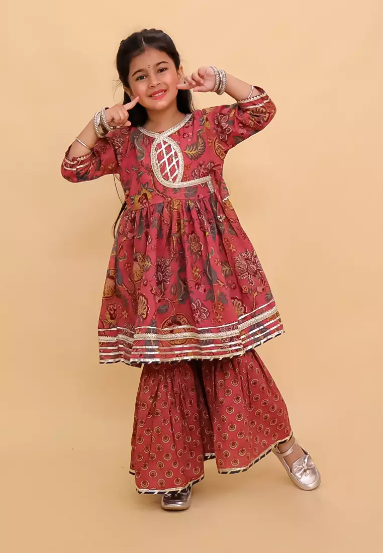 The Mom Store Aangan Aabha Block Print Girls Anarkali Sharara Set - Multi