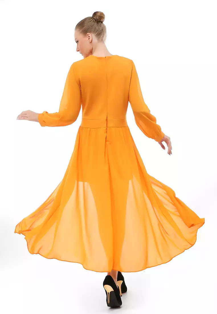 Jumpsuit V-neck Long Sleeves Wanita Motif Solid Relaxed Fit - Kuning