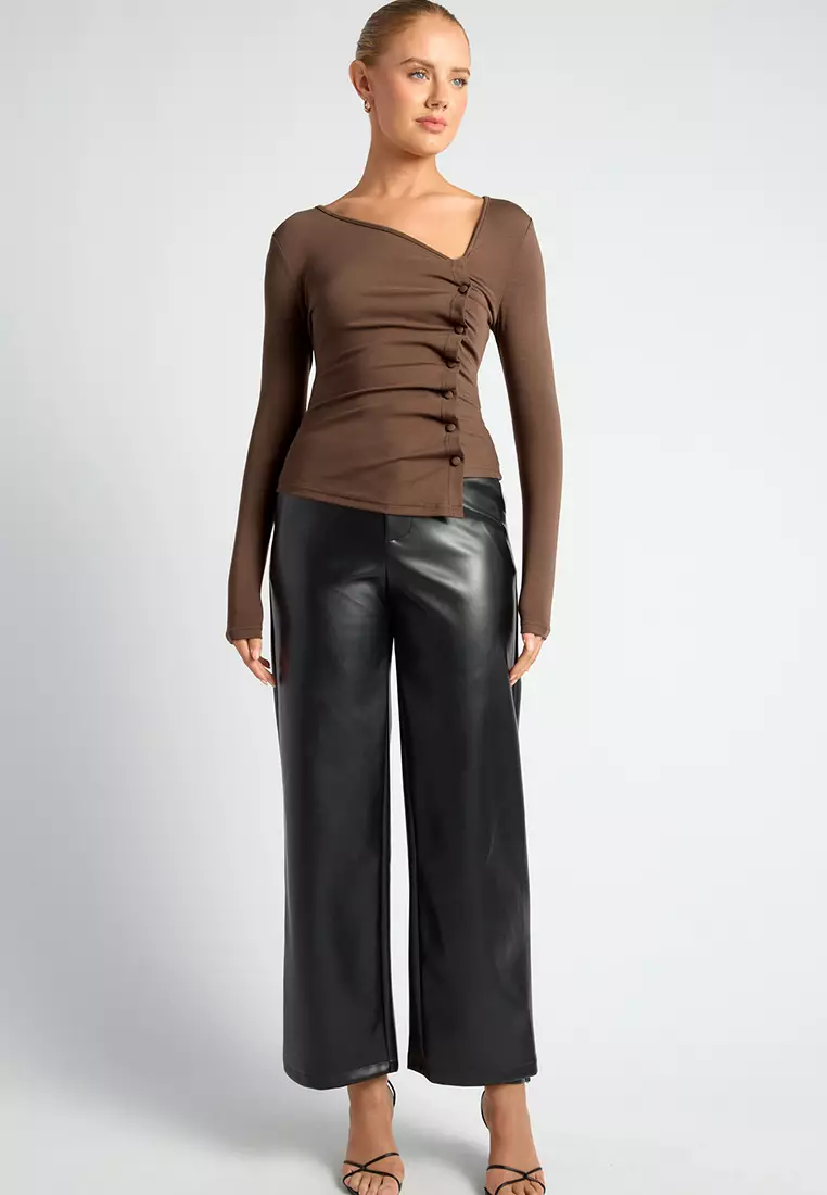 Asymmetric Neckline Jersey Top With Button