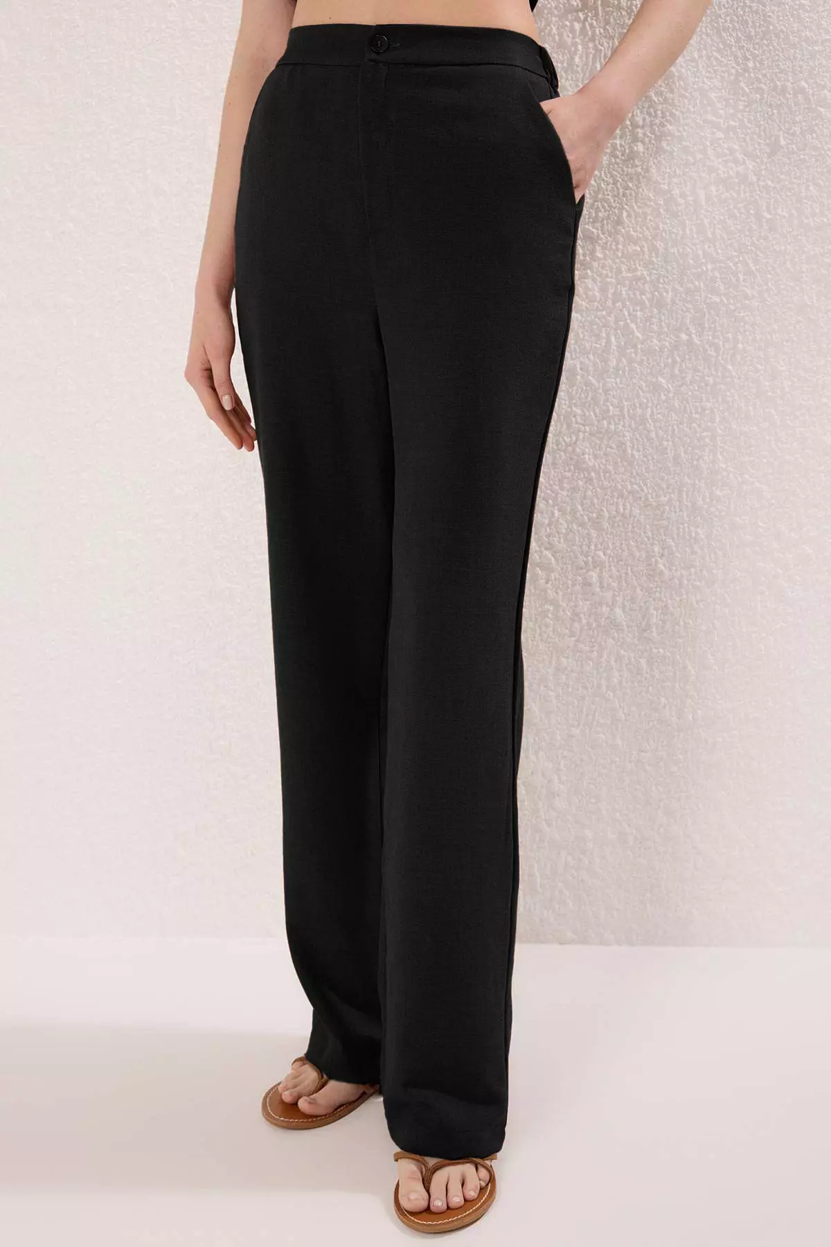 Black Linen Look Strapless Blouse And Pants Bottom Top Set