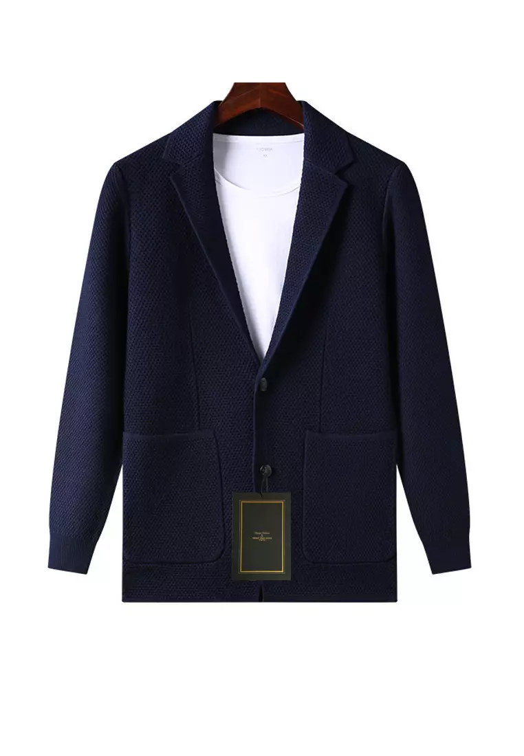 Navy Blue Men's Slim Fit Jacket Collar Textured Pocket Knitwear Cardigan