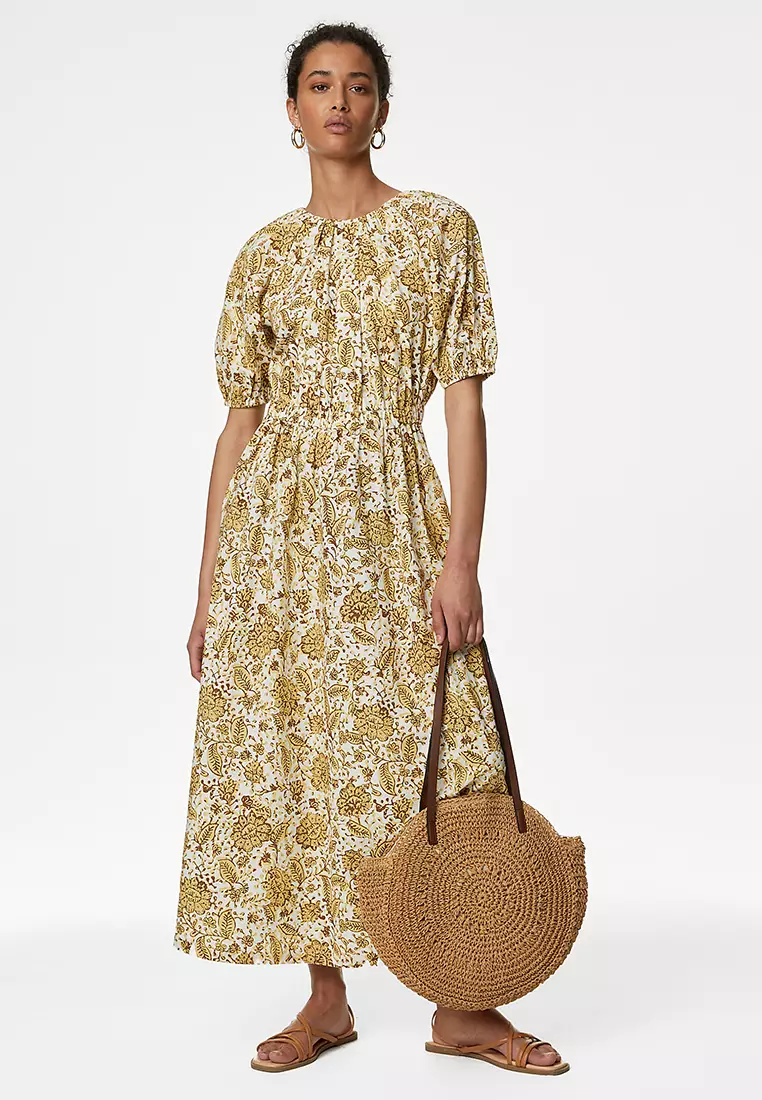 marks and spencer midi dresses M&S Cotton Blend Textured Midi Drop Waist Dress - Black