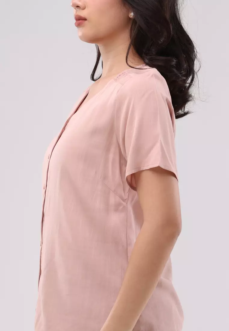 Plain Soft Linen Short Sleeves V-neck Blouse