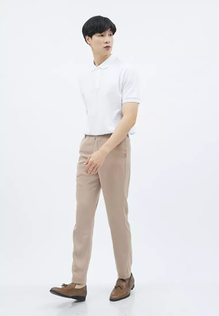 Celana panjang pria kerja formal bahan slim fit PINGGANG KARET krim