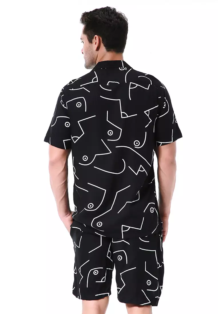 Deon Piyama Pria Kemeja One Set Lengan Pendek Morabita Motive Material Rayon ORIGINAL - Black