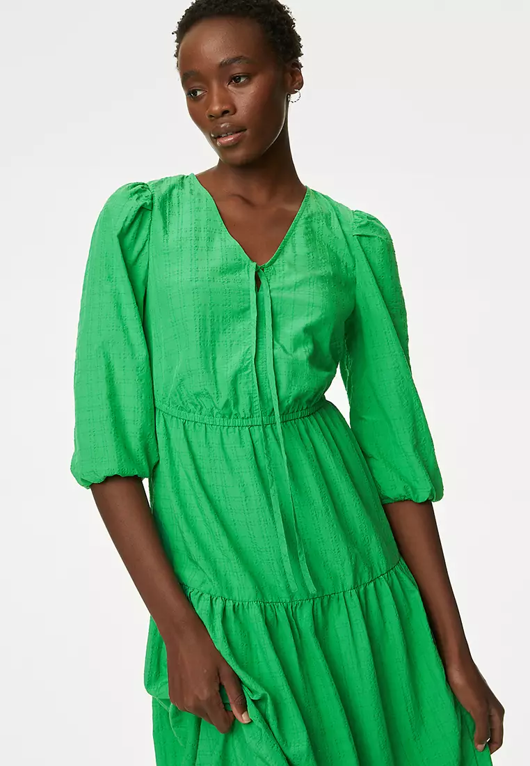 Jual Marks & Spencer Textured Tie Neck Tiered Midi Dress Original 2026 |  ZALORA Indonesia
