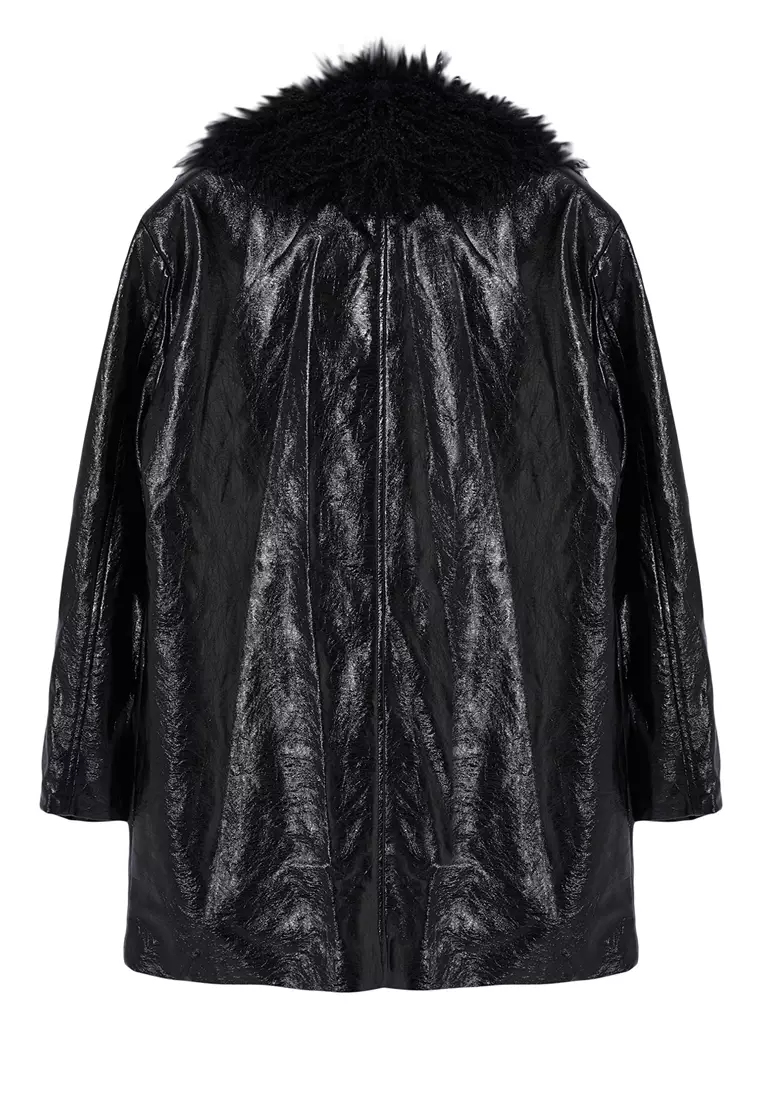 Black Oversize Molded Collar Faux Leather Jacket Coat with Fur Detail TWOAW25MO00029