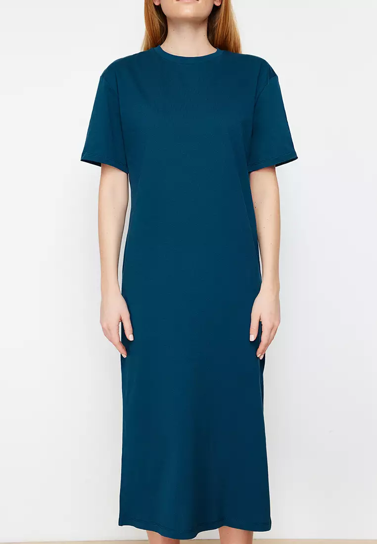 Petrol Plain T-Shirt Dress Slit Detailed Shift/Relaxed Cut Midi