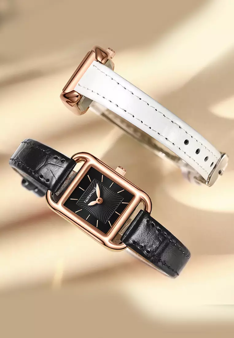 Ladies IP Rose Gold Color Stainless Steel Quartz Watch, 22mm, Black Dial, Black Leather Strap