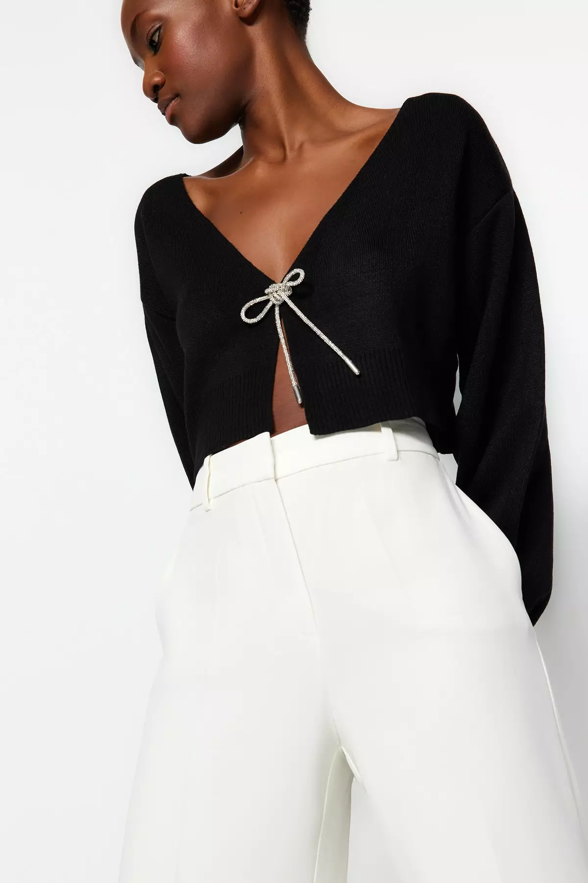 Black Super Crop Basic Bow Knitwear Cardigan Twoaw24Hi00315