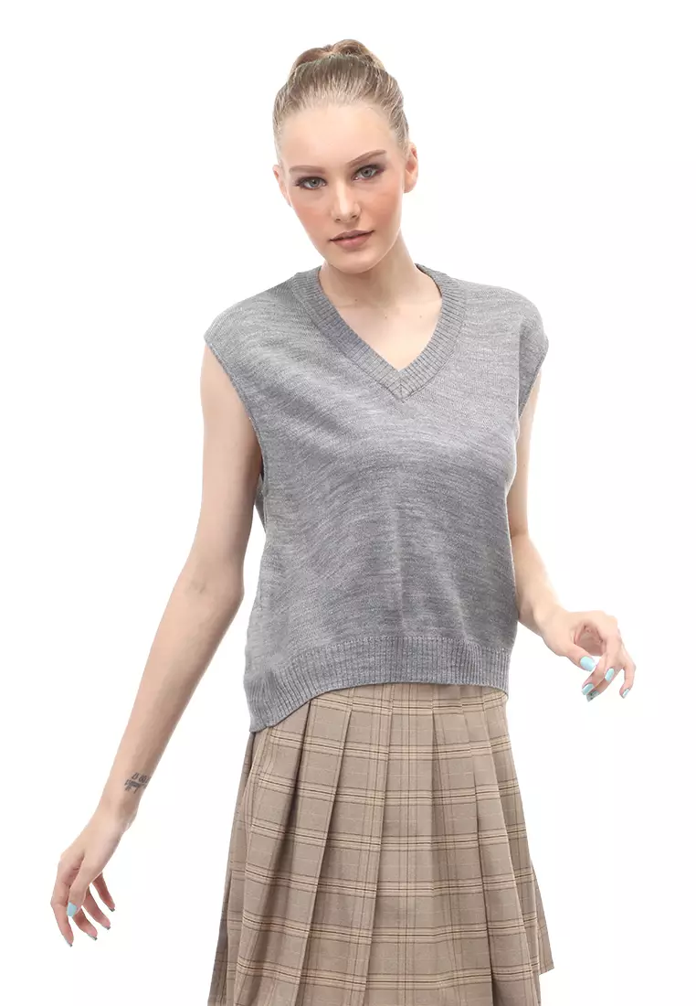 Vest Knit Atasan Wanita Sleeves Kerah V-neck Design Simple - Gray