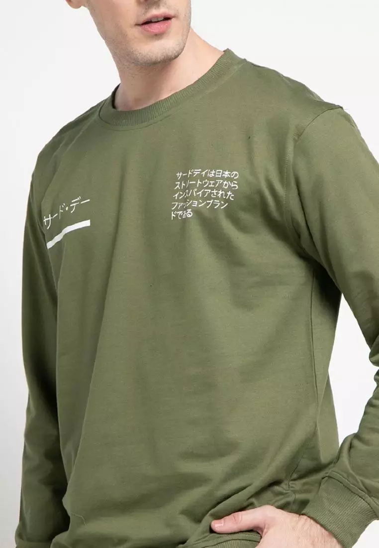 MO197 Thirdday sweater casual pria katakana x paragraph hijau army