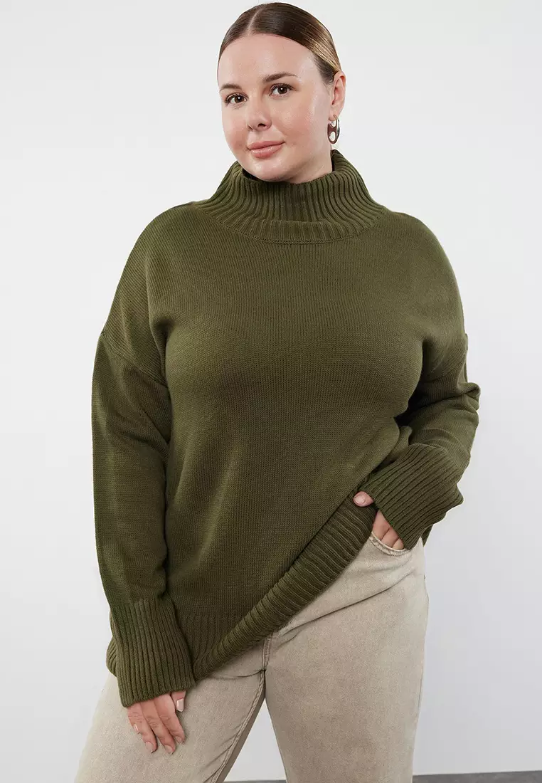 Khaki Turtleneck Off Shoulder Knitwear Sweater Tbbaw23An00136