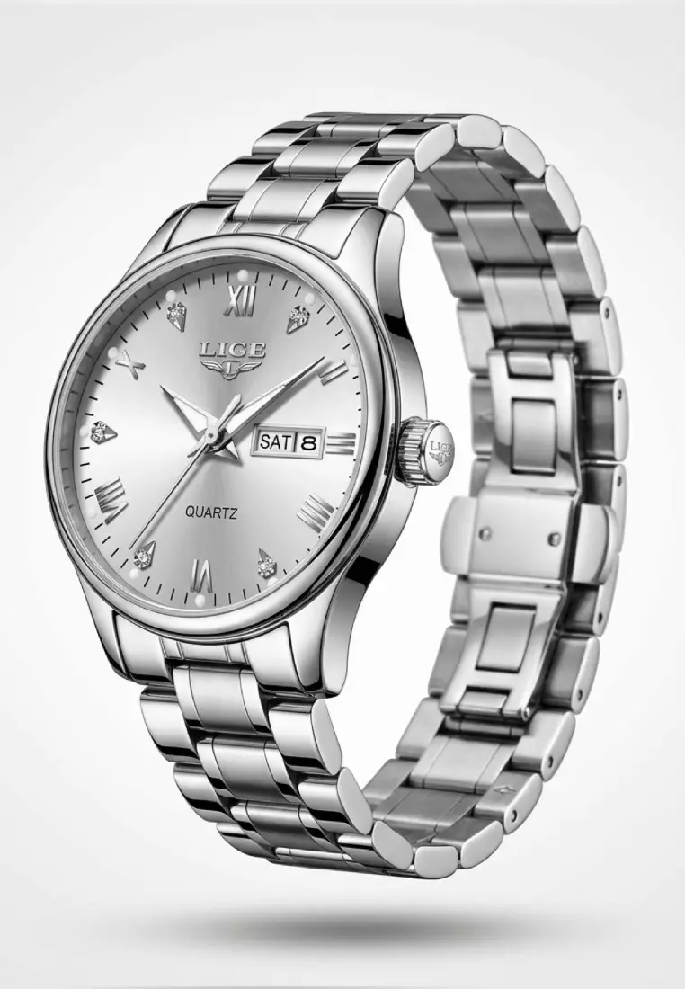 Ladies Day/Date Light Metal Alloy Quartz Watch, 29mm Diameter, Stainless Steel Bracelet