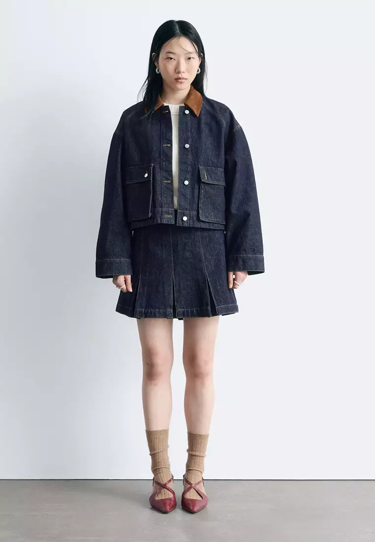 Short Cord-Collar Denim Jacket