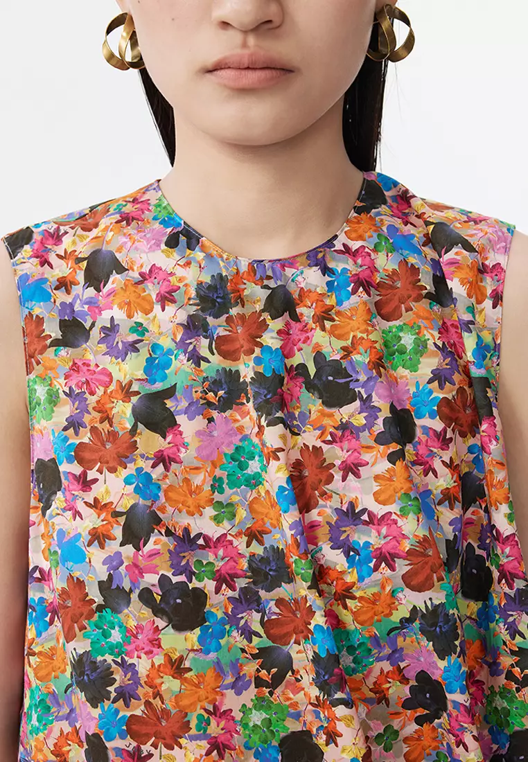 全棉未來主義花朵花型無袖連衣裙