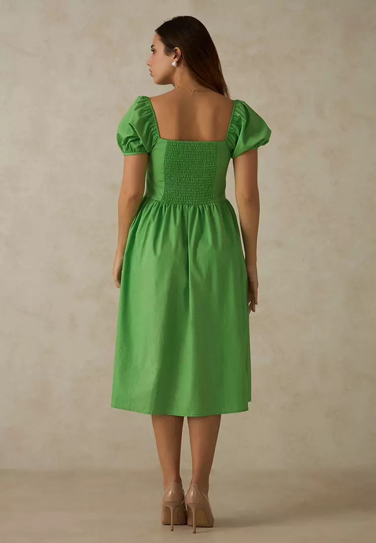 VIRGIO 100% Cotton Midi Length Milkmaid Dress