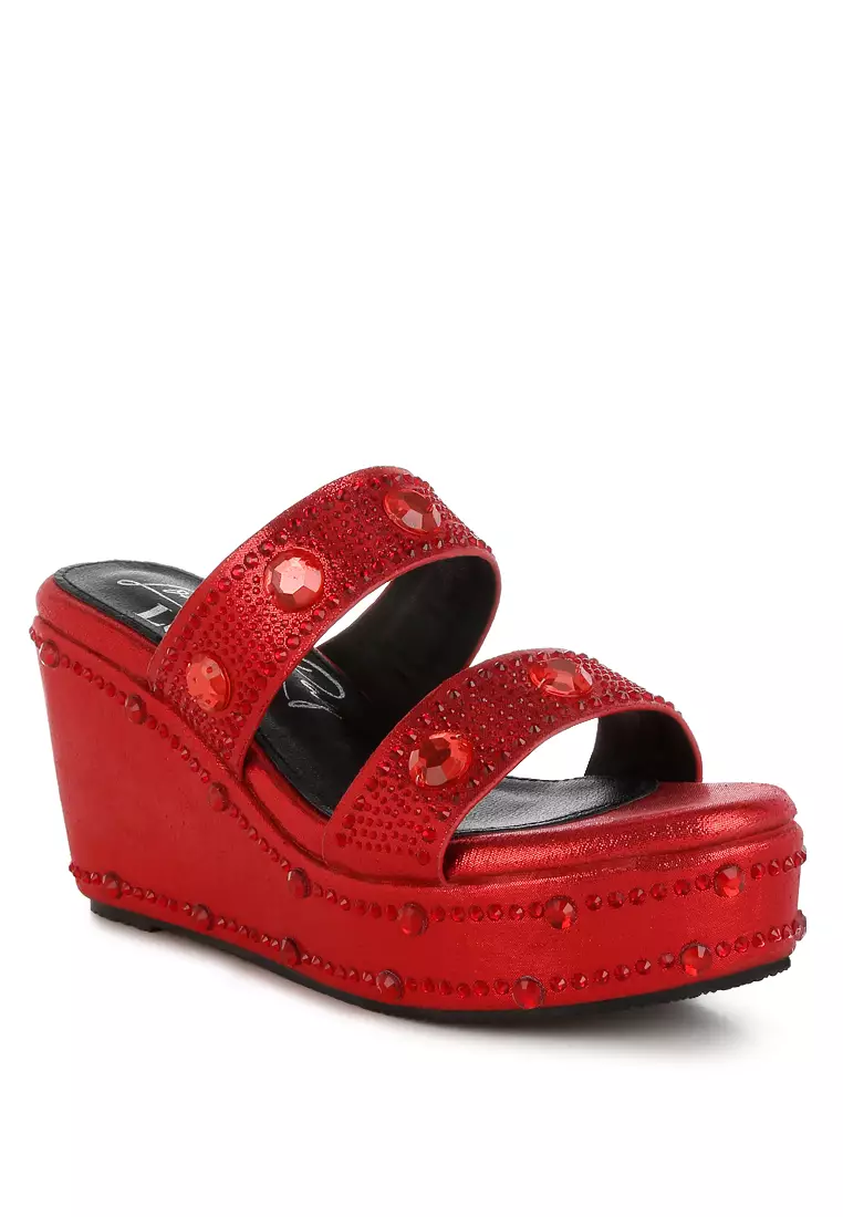 Rhinestone & Diamante Wedge Sandals in Red