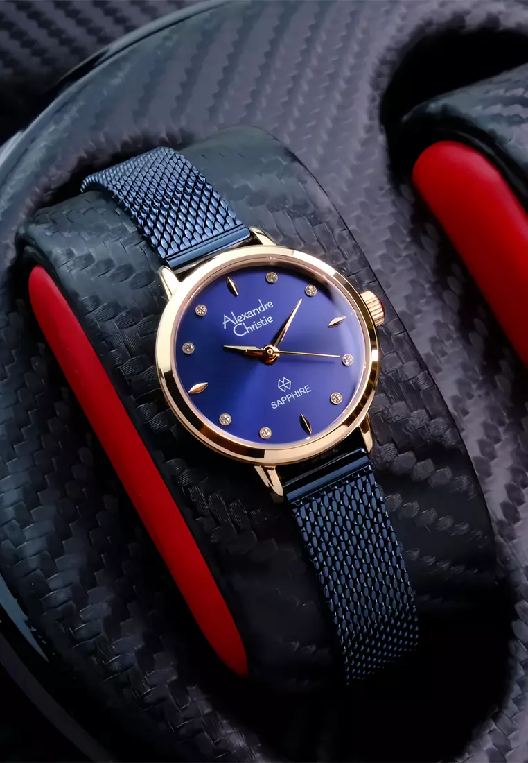 Alexandre Christie Sapphire Jam Tangan Analog Wanita Rosegold Blue Mesh Stainless Steel Band - 2B39LHBURBU